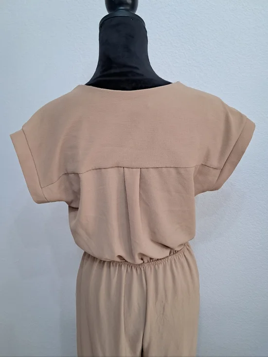 Monteau Md Jumpsuit Beige V-Neck Short Sleeve Lightweight Wide Leg Career - Picture 6 of 10